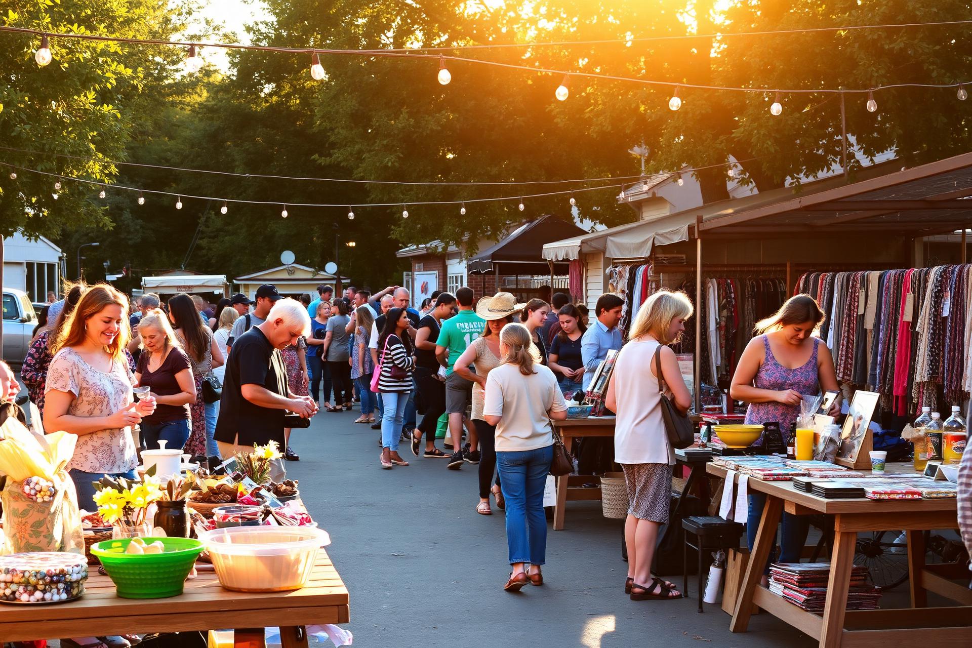 Community vendor market with families and local small businesses